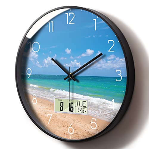 Modern Wall Clocks with Calendar and Date Ocean Wave Sea Beach Digital Clock Large Display Non-Ticking Kitchen Silent Clock with Day and Temperature for Elderly Farmhouse Living Room Bathroom 12 Inch