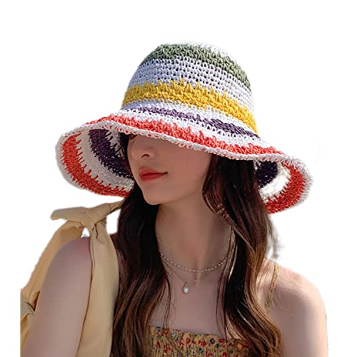 Women Straw Sun Hat Hand Woven Y2K Aesthetic Bucket Hat Striped Fishing Hat Beach Hat Foldable Cap Chic Summer Accessories