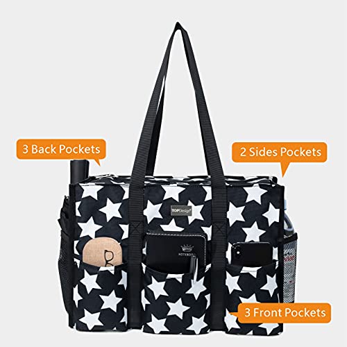 TOPDesign Utility Water Resistant Tote Bag with 13 Exterior & Interior Pockets, Top Zipper Closure & Thick Bottom Support