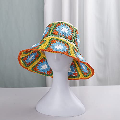 Womens Straw Sun Hat Floral Woven Bucket Hat Fishing Hat Beach Hat Hand Woven Foldable Cap