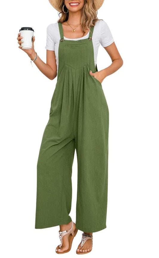 chouyatou Women's Summer Wide Leg Bib Linen Overalls Palazzo Pants Casual Linen Jumpsuits