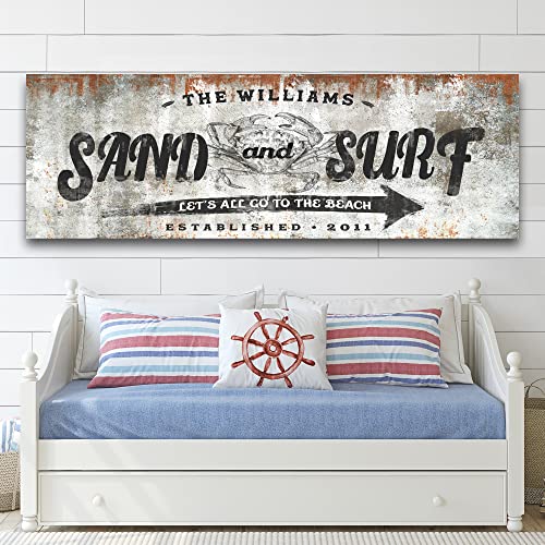 TAILORED CANVASES Beach Sign Wall Decor - Large Personalized Canvas, Coastal Wall Art Beach Signs for Home, Ocean, House, Porch, Living Room, and Bedroom - Sand and Surf, Rustic Decoration, 20"x10"