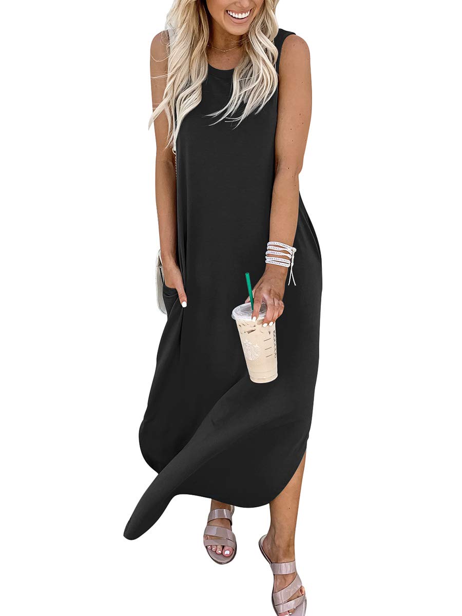 ANRABESS Women Casual Loose Sundress Sleeveless Split Maxi Long Beach Shirt Dress Travel Vacation 2024 Summer Outfits