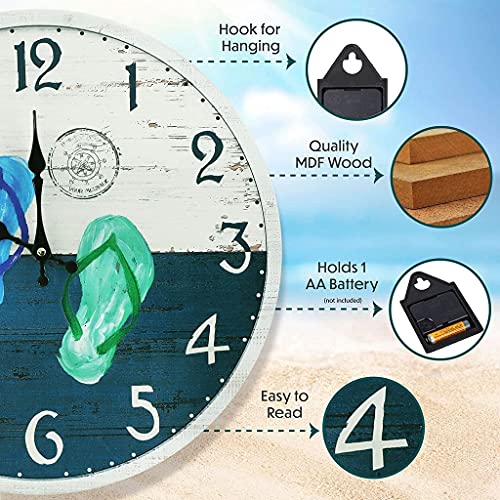 12 Inch Beach Themed Wall Clock, Rustic Weathered Boards in Coastal Colors with Silent Non Ticking Movement