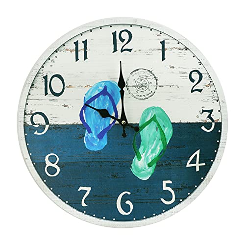 12 Inch Beach Themed Wall Clock, Rustic Weathered Boards in Coastal Colors with Silent Non Ticking Movement