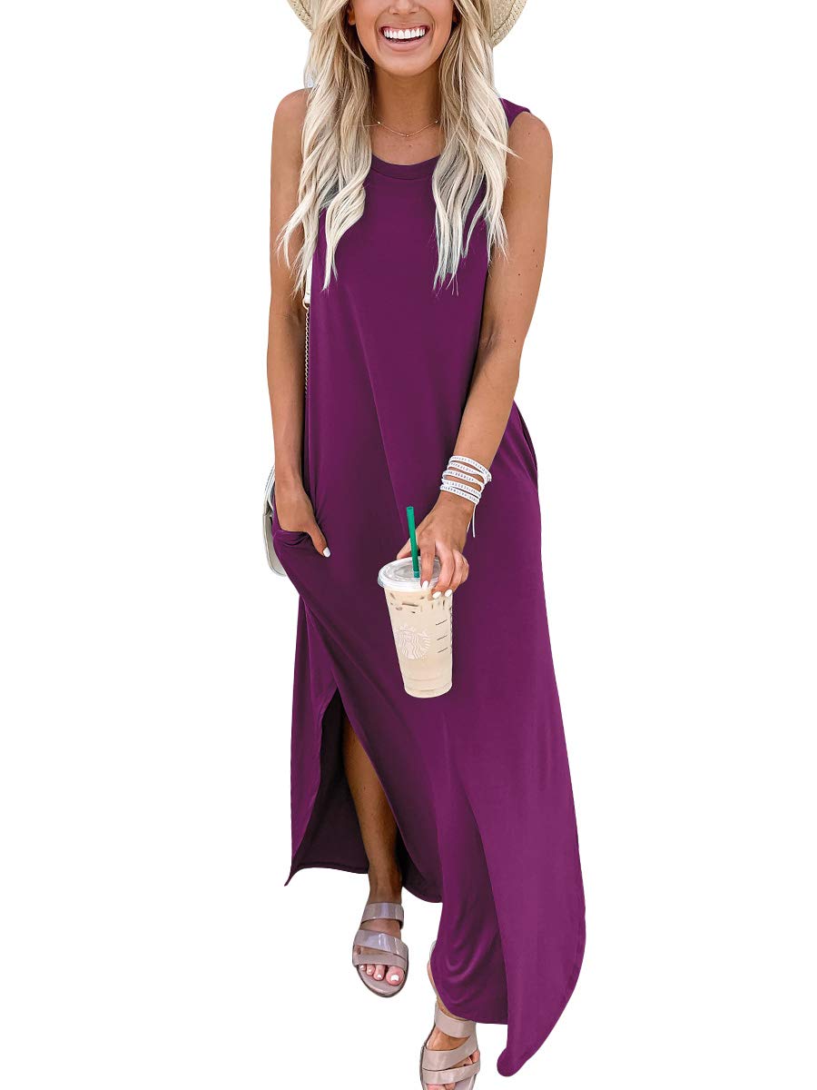 ANRABESS Women Casual Loose Sundress Sleeveless Split Maxi Long Beach Shirt Dress Travel Vacation 2024 Summer Outfits