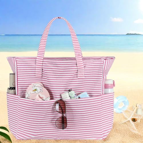 LEDAOU Large Beach Tote Bag Women Waterproof Sandproof Zipper Beach Tote Bag for Pool Gym Grocery Travel with Wet Pocket