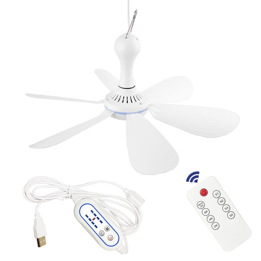 Silent USB Powered Ceiling Fan with Remote Control Timing 4 Speed, Quiet Small DC Plug in Ceiling Fan Hanging Fan for Camping Bed RV Tent Canopy Room