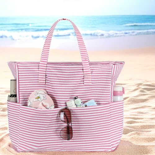 LEDAOU Large Beach Tote Bag Women Waterproof Sandproof Zipper Beach Tote Bag for Pool Gym Grocery Travel with Wet Pocket