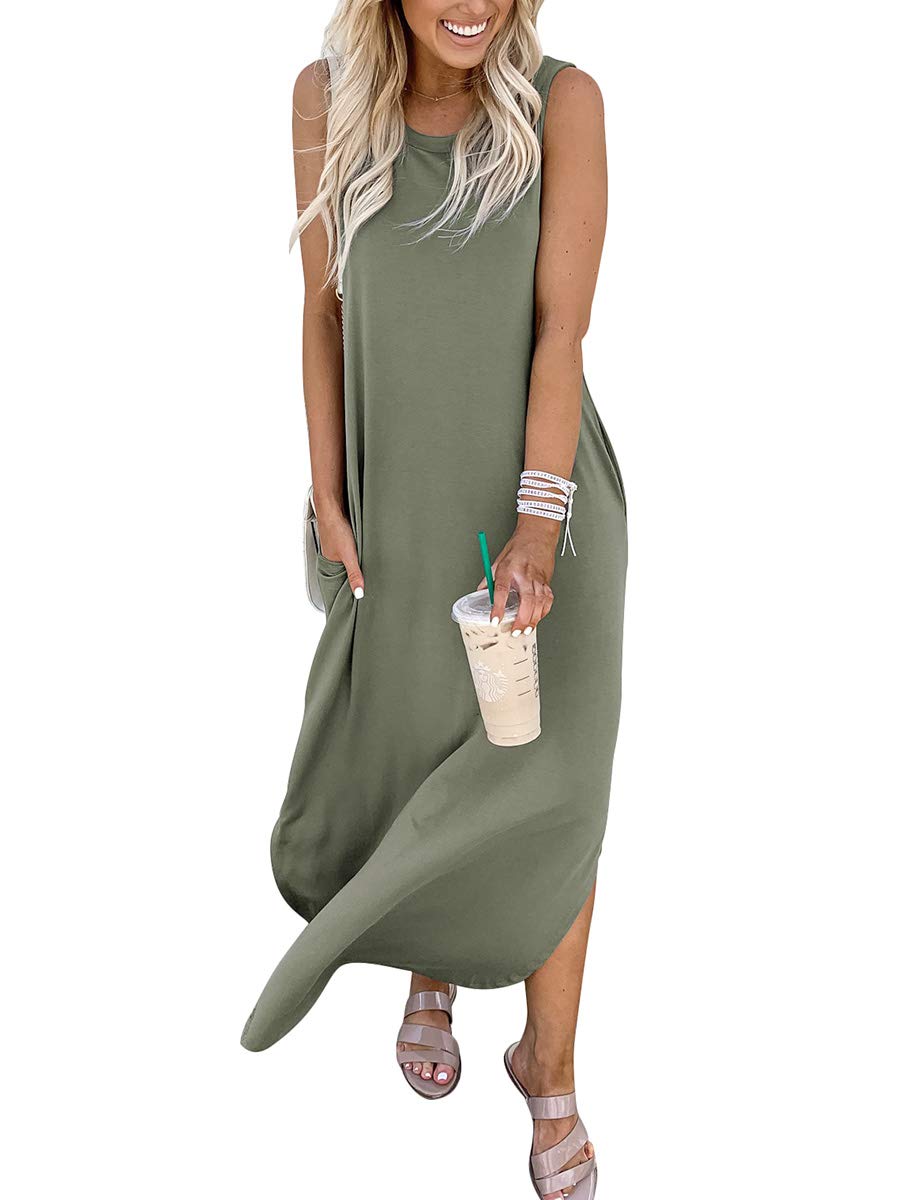 ANRABESS Women Casual Loose Sundress Sleeveless Split Maxi Long Beach Shirt Dress Travel Vacation 2024 Summer Outfits