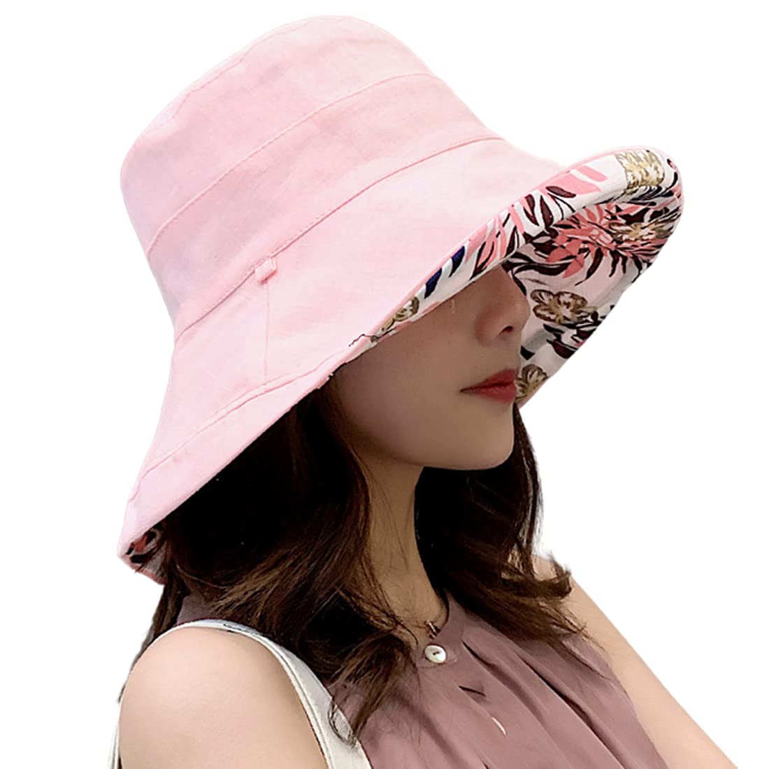 Women Wide Brim Sun Hats Metal Wired Edge Summer UV Protection Beach Fishing Hat for Hiking Garden Travel Chin Strap