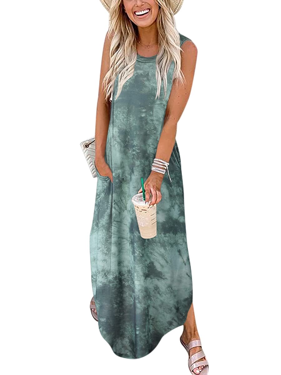 ANRABESS Women Casual Loose Sundress Sleeveless Split Maxi Long Beach Shirt Dress Travel Vacation 2024 Summer Outfits