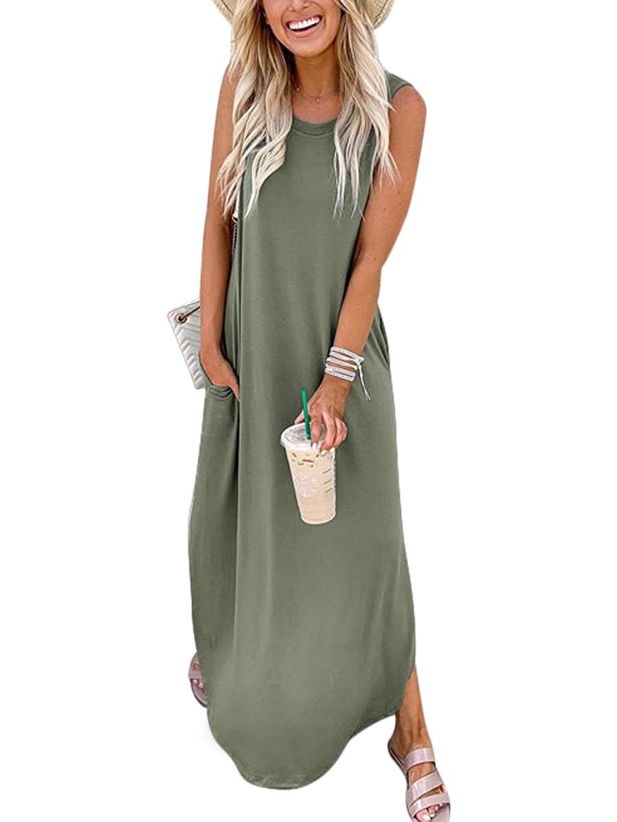 ANRABESS Women Casual Loose Sundress Sleeveless Split Maxi Long Beach Shirt Dress Travel Vacation 2024 Summer Outfits