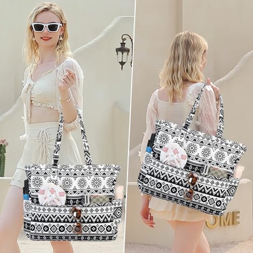 LEDAOU Large Beach Tote Bag Women Waterproof Sandproof Zipper Beach Tote Bag for Pool Gym Grocery Travel with Wet Pocket