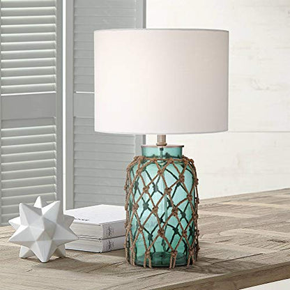 360 Lighting Crosby Country Cottage Nautical Accent Table Lamp 22.5" High Coastal Blue Green Glass Rope Net Off White Drum Shade for Living Room Bedroom Beach House Bedside Nightstand Home