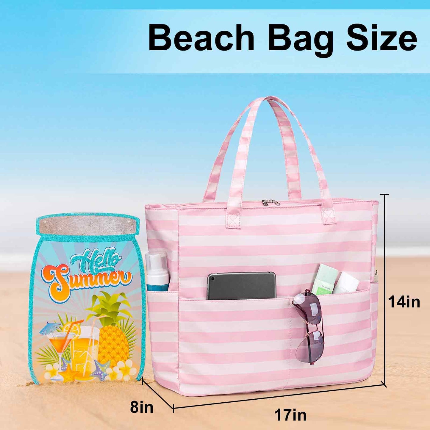 LEDAOU Large Beach Tote Bag Women Waterproof Sandproof Zipper Beach Tote Bag for Pool Gym Grocery Travel with Wet Pocket