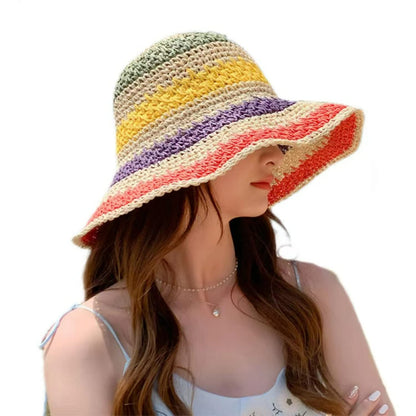 Women Straw Sun Hat Hand Woven Y2K Aesthetic Bucket Hat Striped Fishing Hat Beach Hat Foldable Cap Chic Summer Accessories