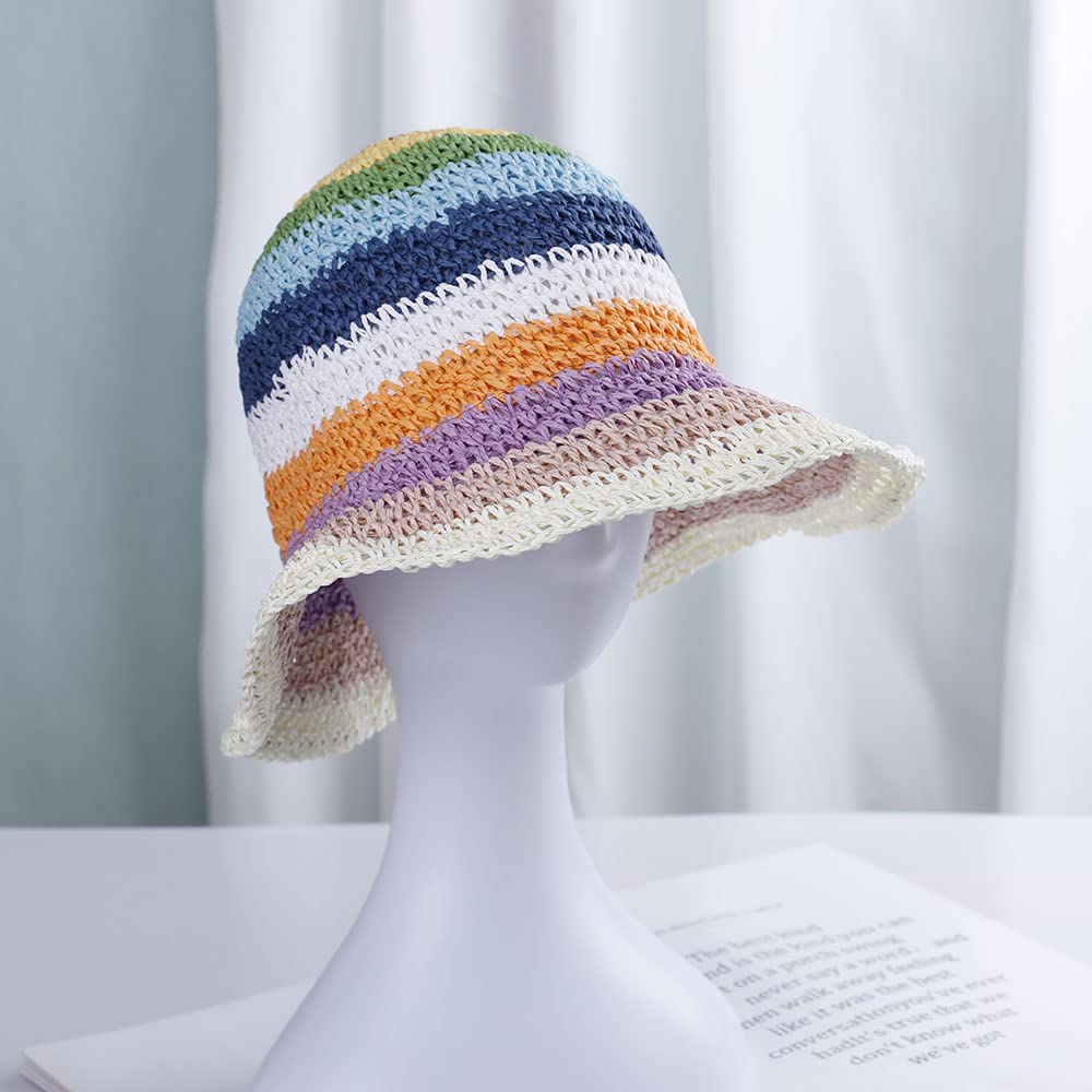 Womens Straw Sun Hat Floral Woven Bucket Hat Fishing Hat Beach Hat Hand Woven Foldable Cap