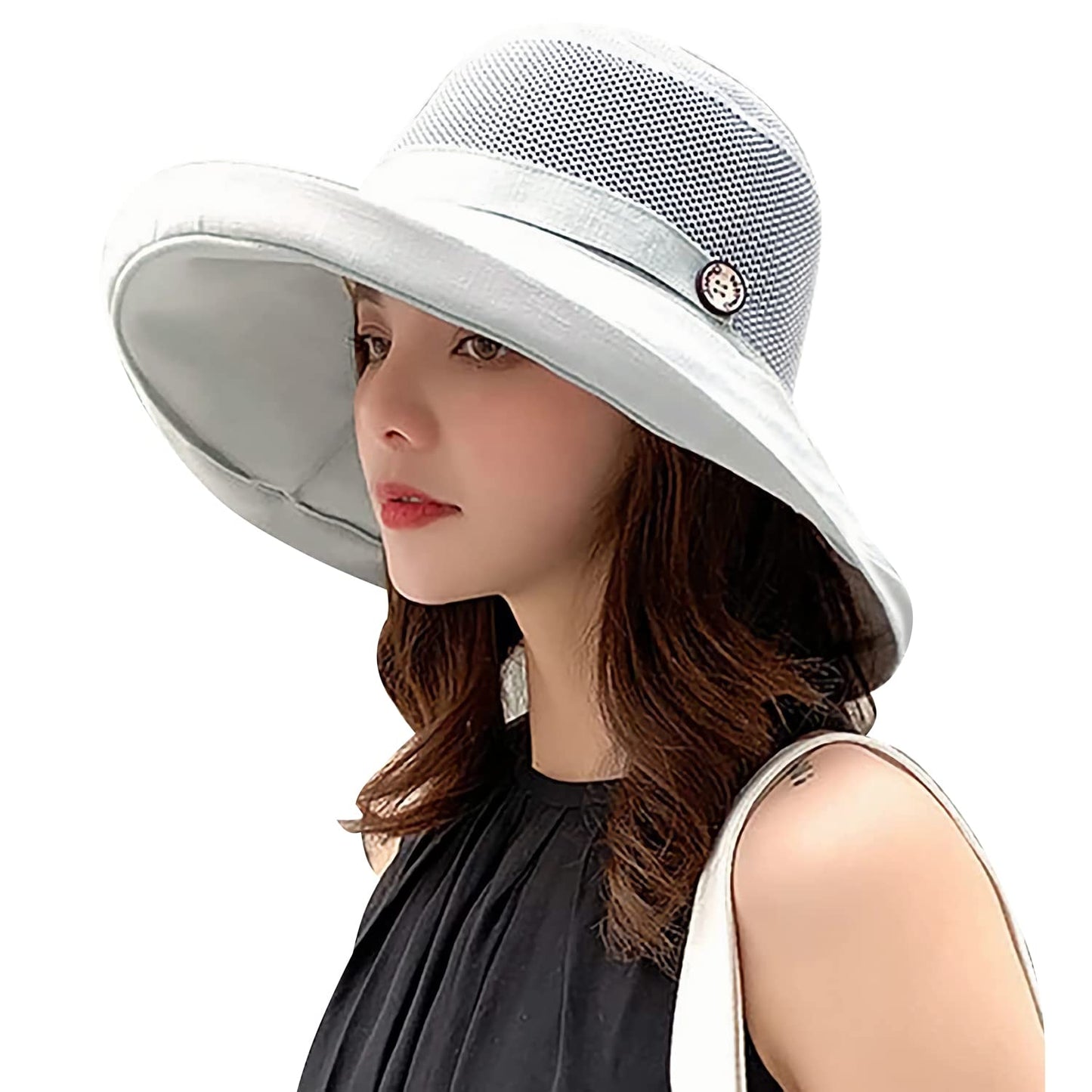 Women Wide Brim Sun Hats Metal Wired Edge Summer UV Protection Beach Fishing Hat for Hiking Garden Travel Chin Strap