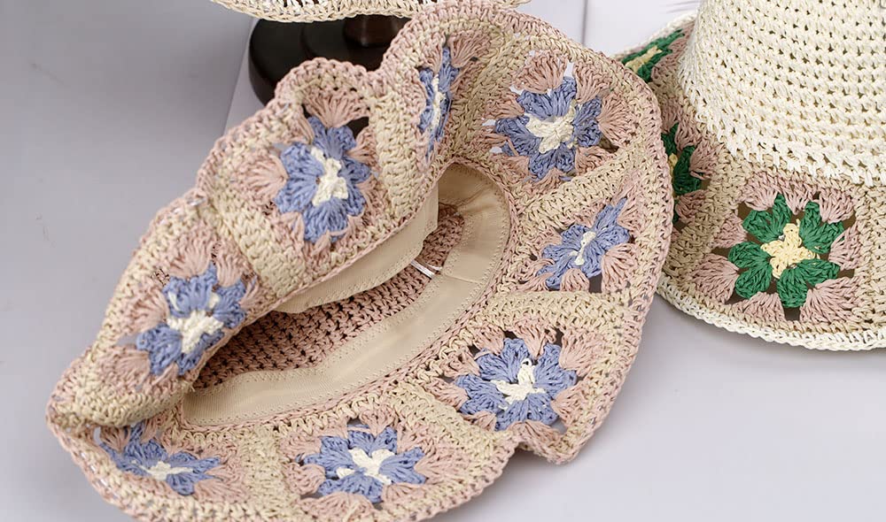 Womens Straw Sun Hat Floral Woven Bucket Hat Fishing Hat Beach Hat Hand Woven Foldable Cap