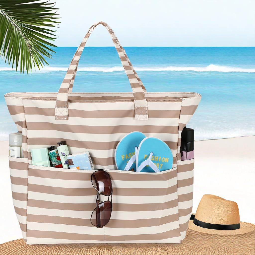 LEDAOU Large Beach Tote Bag Women Waterproof Sandproof Zipper Beach Tote Bag for Pool Gym Grocery Travel with Wet Pocket