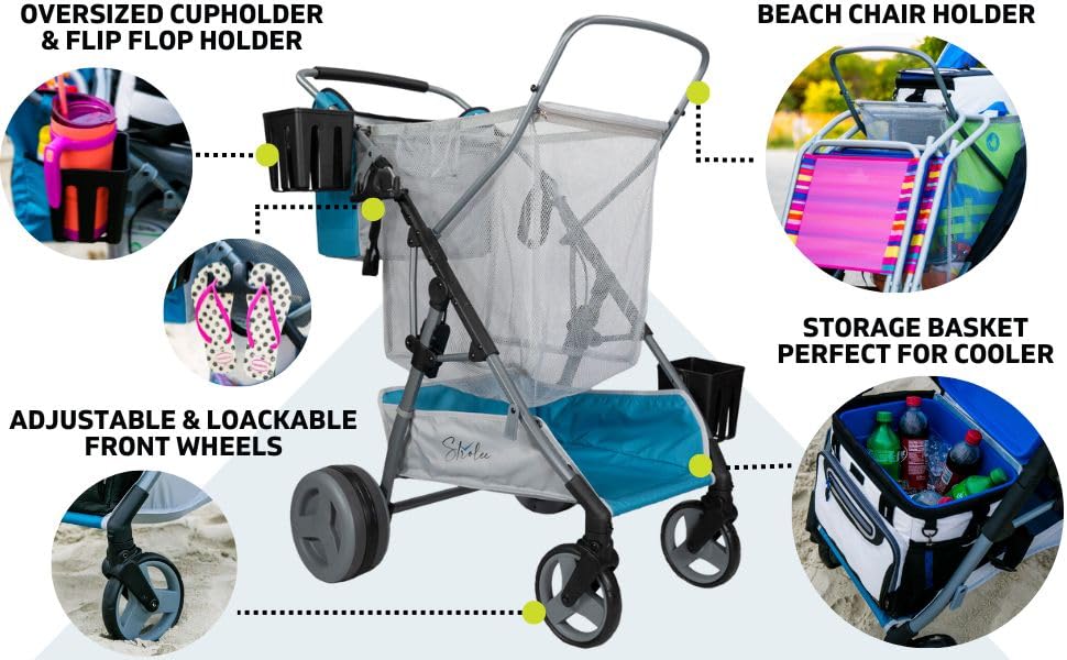 Large Wheeled Collapsible Beach Cart for Soft Sand, Fishing, Camping & Garden- Lightweight Rust-Free Aluminum Frame- Removable Personal Item Storage, X-L Capacity & Cooler Rack- Best Grey