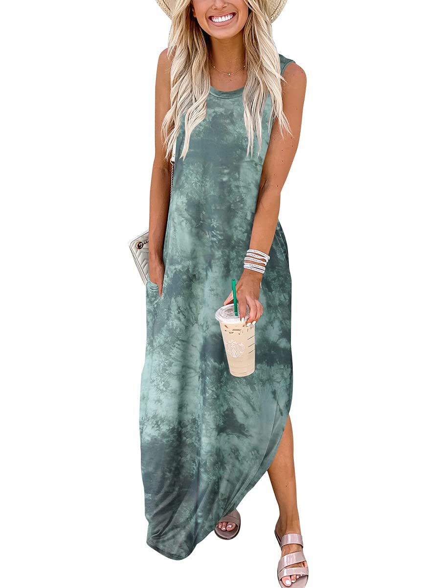 ANRABESS Women Casual Loose Sundress Sleeveless Split Maxi Long Beach Shirt Dress Travel Vacation 2024 Summer Outfits