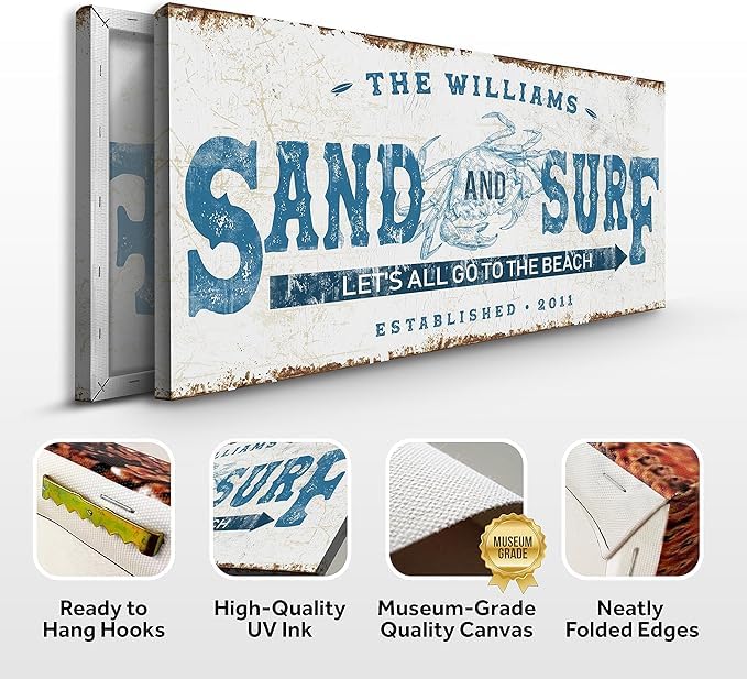 TAILORED CANVASES Beach Sign Wall Decor - Large Personalized Canvas, Coastal Wall Art Beach Signs for Home, Ocean, House, Porch, Living Room, and Bedroom - Sand and Surf, Rustic Decoration, 20"x10"