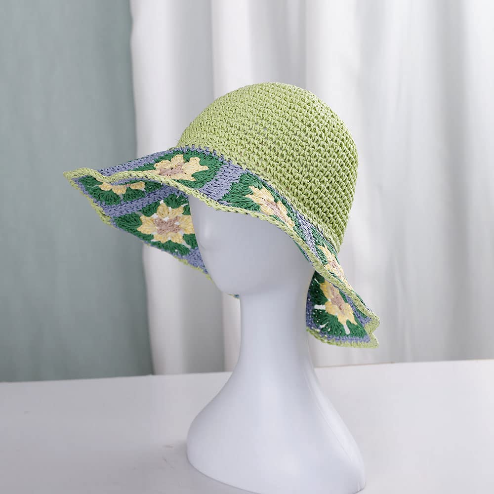 Womens Straw Sun Hat Floral Woven Bucket Hat Fishing Hat Beach Hat Hand Woven Foldable Cap