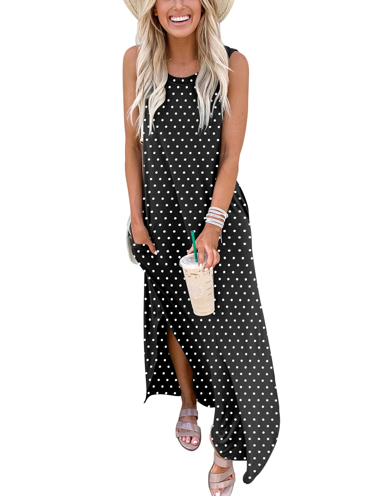 ANRABESS Women Casual Loose Sundress Sleeveless Split Maxi Long Beach Shirt Dress Travel Vacation 2024 Summer Outfits