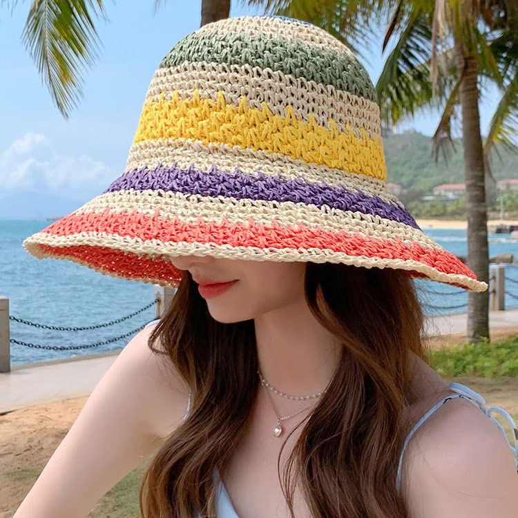 Women Straw Sun Hat Hand Woven Y2K Aesthetic Bucket Hat Striped Fishing Hat Beach Hat Foldable Cap Chic Summer Accessories