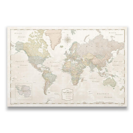 Conquest Maps World Travel Map with Pins Desert Sunrise Style Push Pin Travel Map Cork Board, Track Your Travels w/a Handmade Unique Canvas Pinable Map (48" x 32")