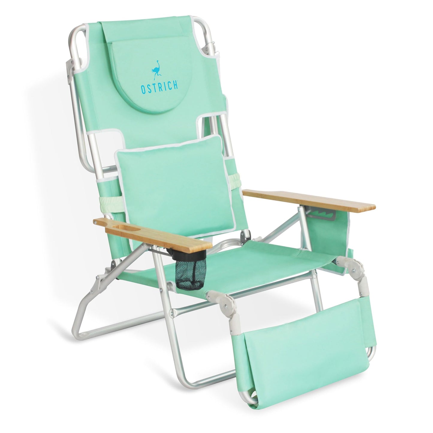 Ostrich Deluxe 3 in 1 Beach Chair with Face Opening - Portable, Reclining Lounger for Tanning - Face Hole for Reading on Stomach - Padded Footrest, Removable Pillow - Aluminum (Green)