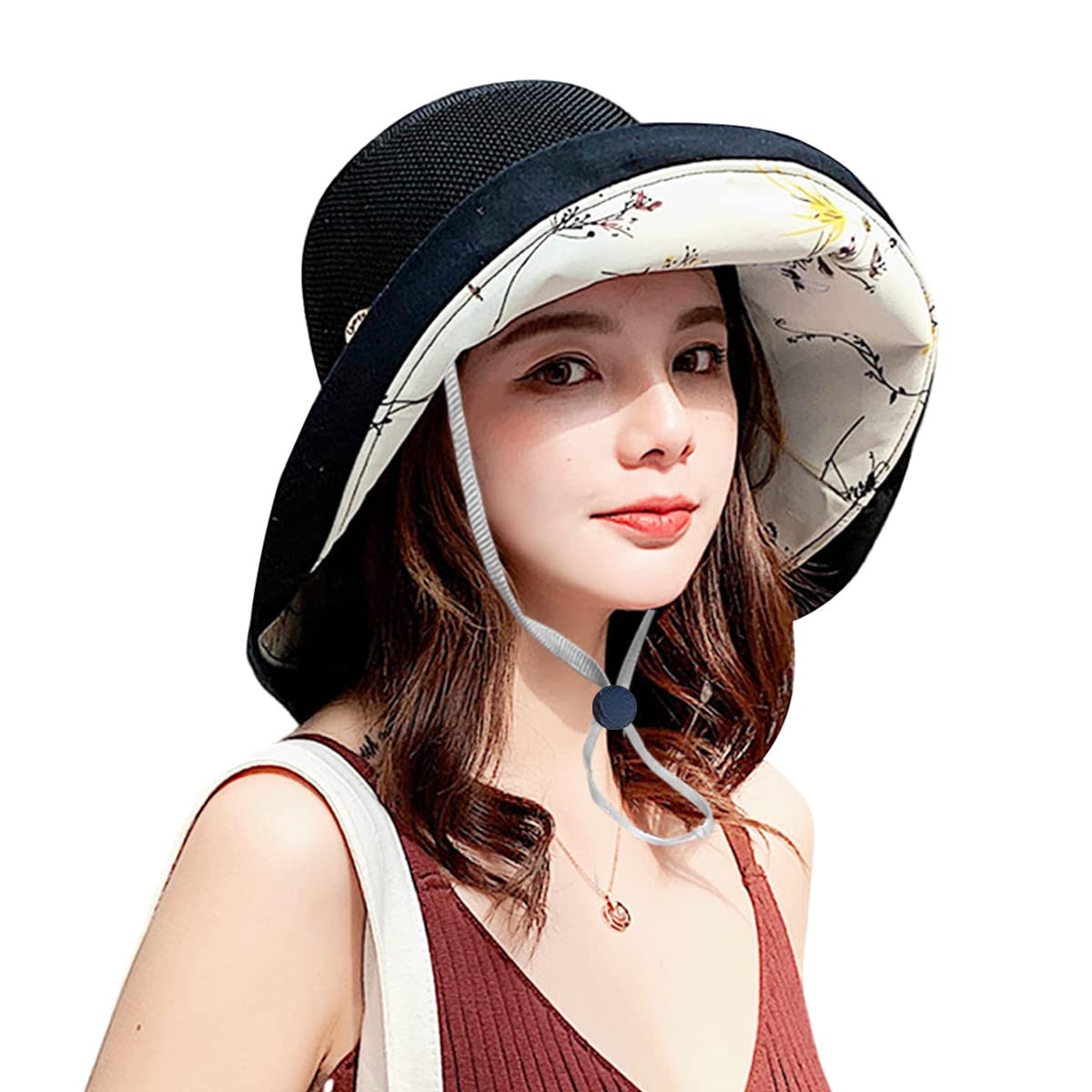 Women Wide Brim Sun Hats Metal Wired Edge Summer UV Protection Beach Fishing Hat for Hiking Garden Travel Chin Strap