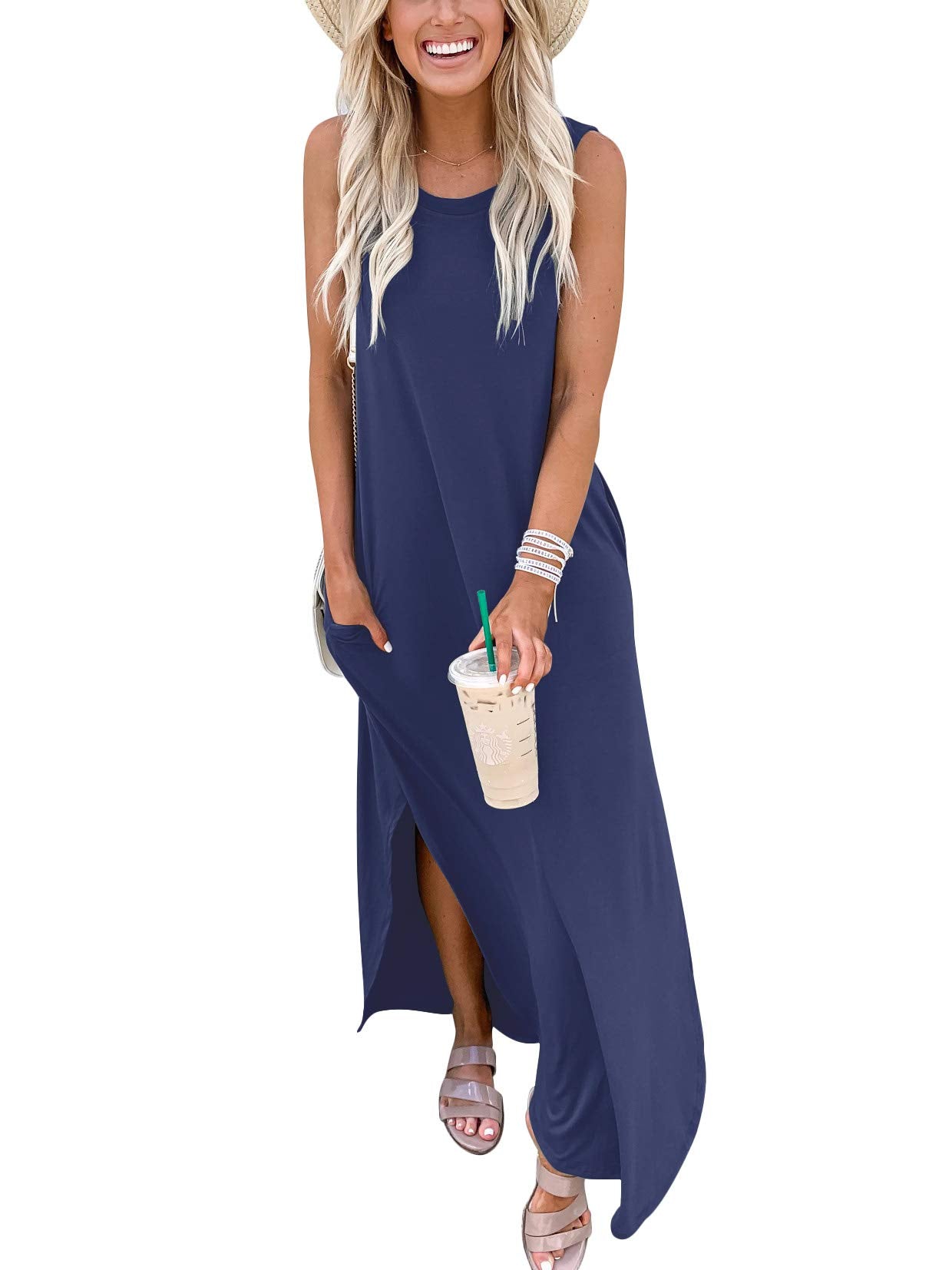 ANRABESS Women Casual Loose Sundress Sleeveless Split Maxi Long Beach Shirt Dress Travel Vacation 2024 Summer Outfits