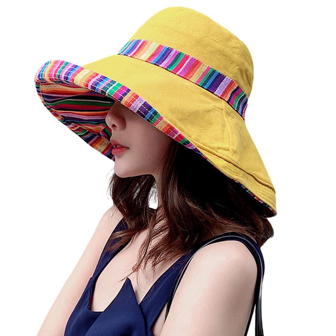 Women Wide Brim Sun Hats Metal Wired Edge Summer UV Protection Beach Fishing Hat for Hiking Garden Travel Chin Strap