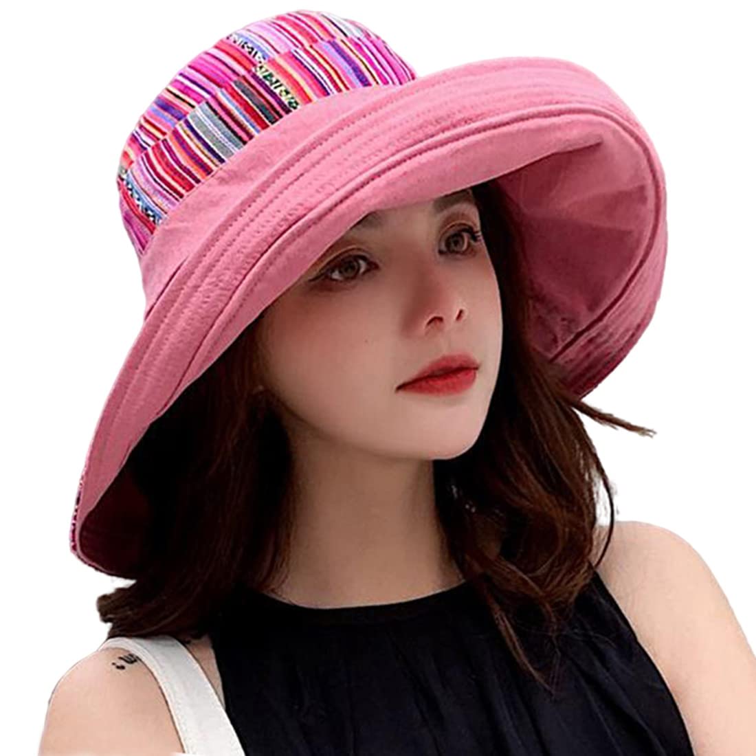 Women Wide Brim Sun Hats Metal Wired Edge Summer UV Protection Beach Fishing Hat for Hiking Garden Travel Chin Strap