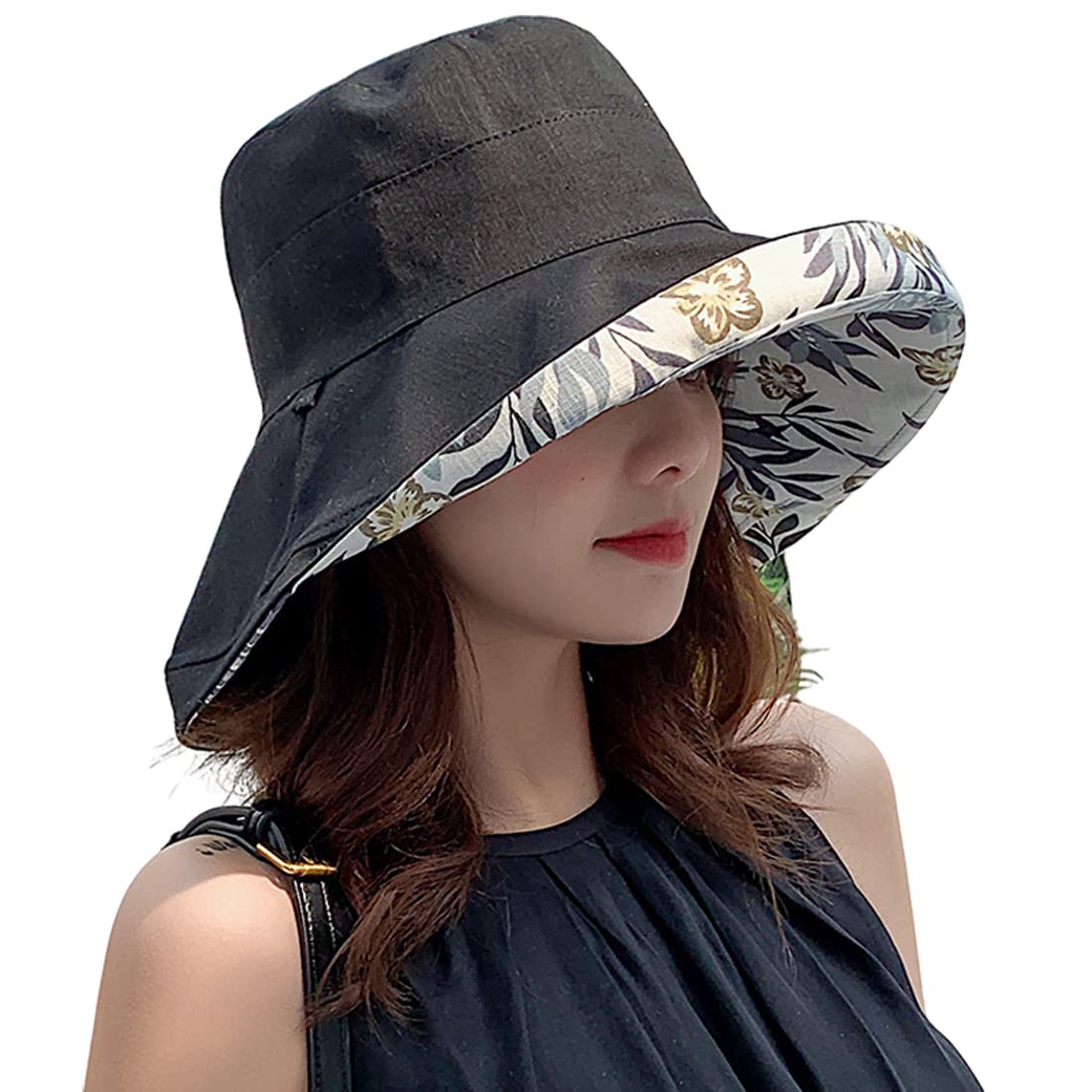 Women Wide Brim Sun Hats Metal Wired Edge Summer UV Protection Beach Fishing Hat for Hiking Garden Travel Chin Strap