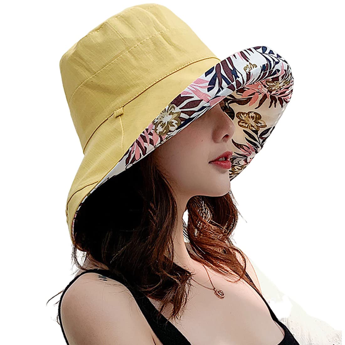 Women Wide Brim Sun Hats Metal Wired Edge Summer UV Protection Beach Fishing Hat for Hiking Garden Travel Chin Strap