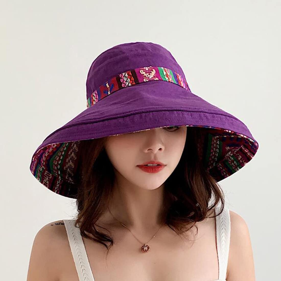 Women Wide Brim Sun Hats Metal Wired Edge Summer UV Protection Beach Fishing Hat for Hiking Garden Travel Chin Strap