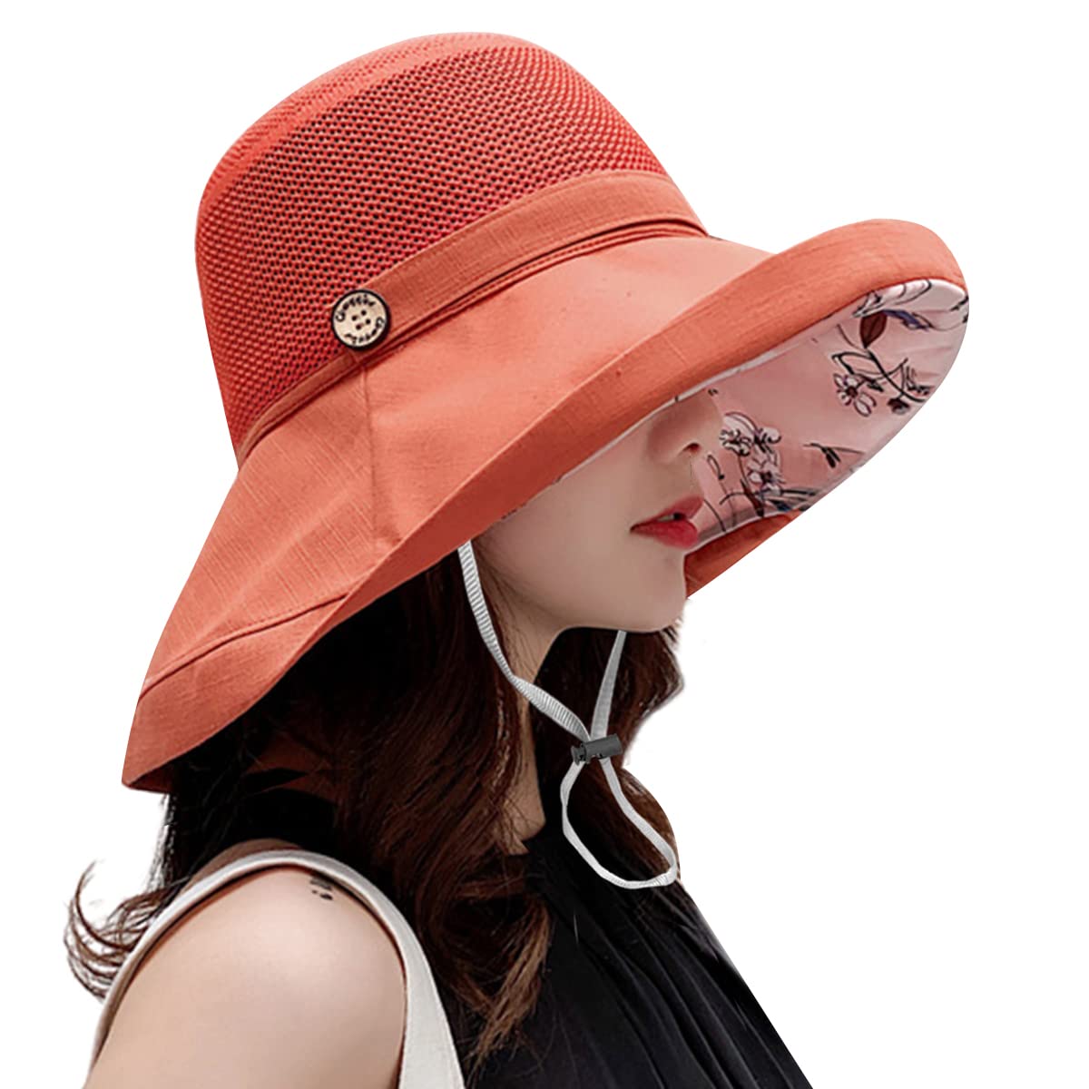 Women Wide Brim Sun Hats Metal Wired Edge Summer UV Protection Beach Fishing Hat for Hiking Garden Travel Chin Strap