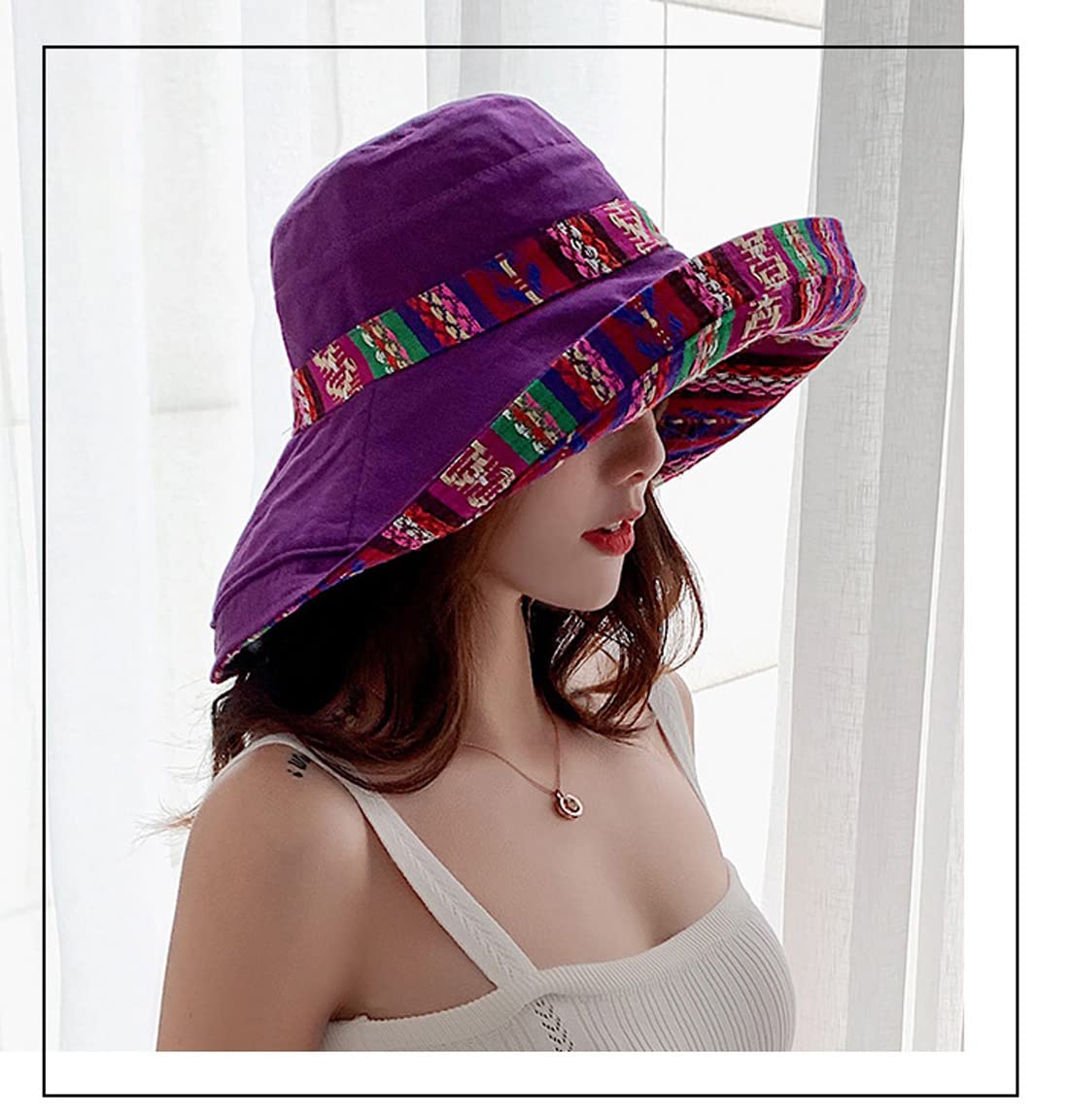 Women Wide Brim Sun Hats Metal Wired Edge Summer UV Protection Beach Fishing Hat for Hiking Garden Travel Chin Strap