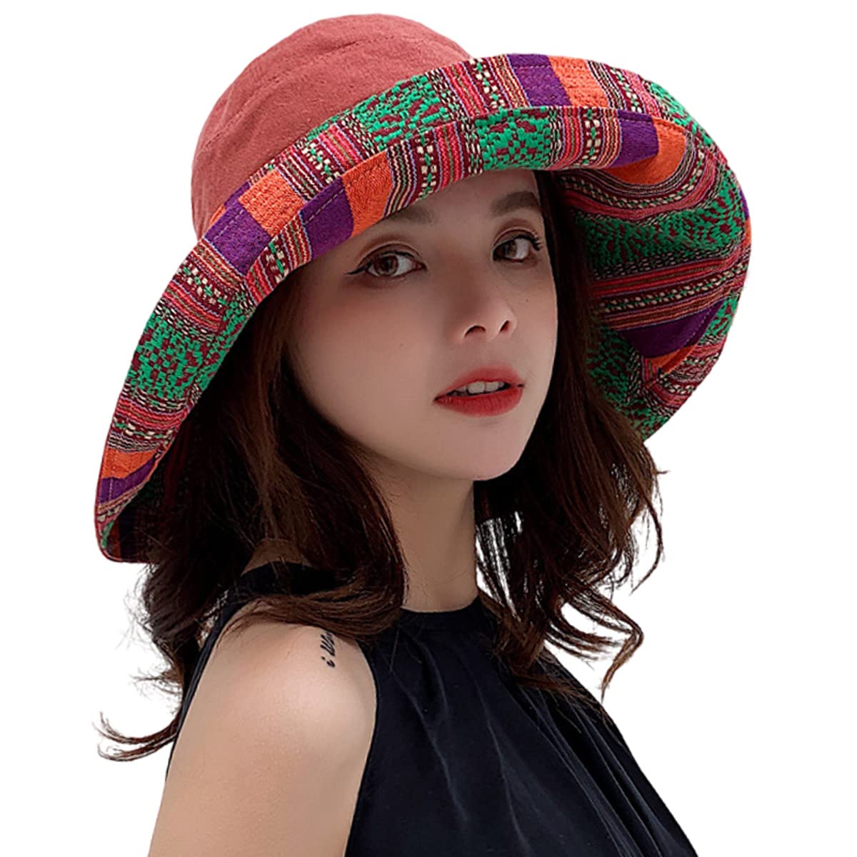 Women Wide Brim Sun Hats Metal Wired Edge Summer UV Protection Beach Fishing Hat for Hiking Garden Travel Chin Strap