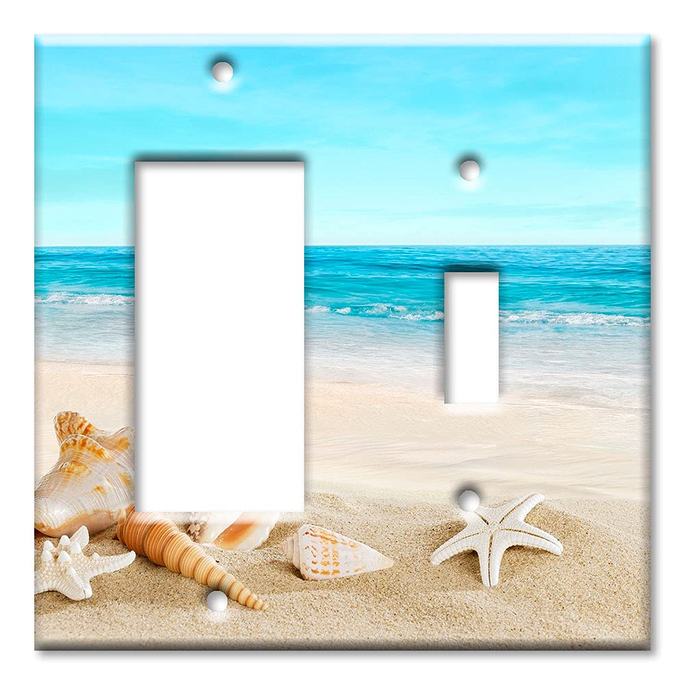 Art Plates - Duplex Outlet Cover Metal Decorative Metal Wall Plate - 1 Gang Outlet Plug Cover - Seashells on the Beach - (Made in USA)