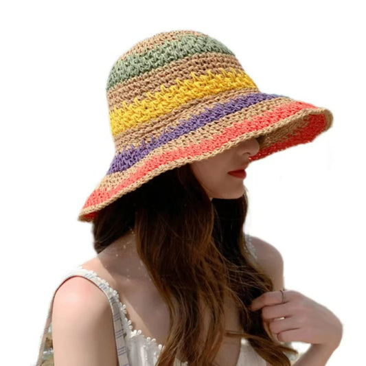 Women Straw Sun Hat Hand Woven Y2K Aesthetic Bucket Hat Striped Fishing Hat Beach Hat Foldable Cap Chic Summer Accessories