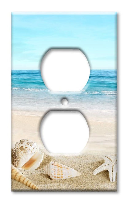 Art Plates - Duplex Outlet Cover Metal Decorative Metal Wall Plate - 1 Gang Outlet Plug Cover - Seashells on the Beach - (Made in USA)