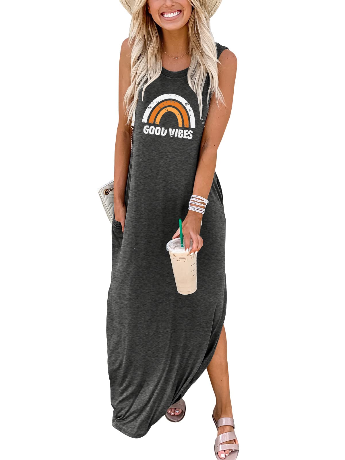 ANRABESS Women Casual Loose Sundress Sleeveless Split Maxi Long Beach Shirt Dress Travel Vacation 2024 Summer Outfits