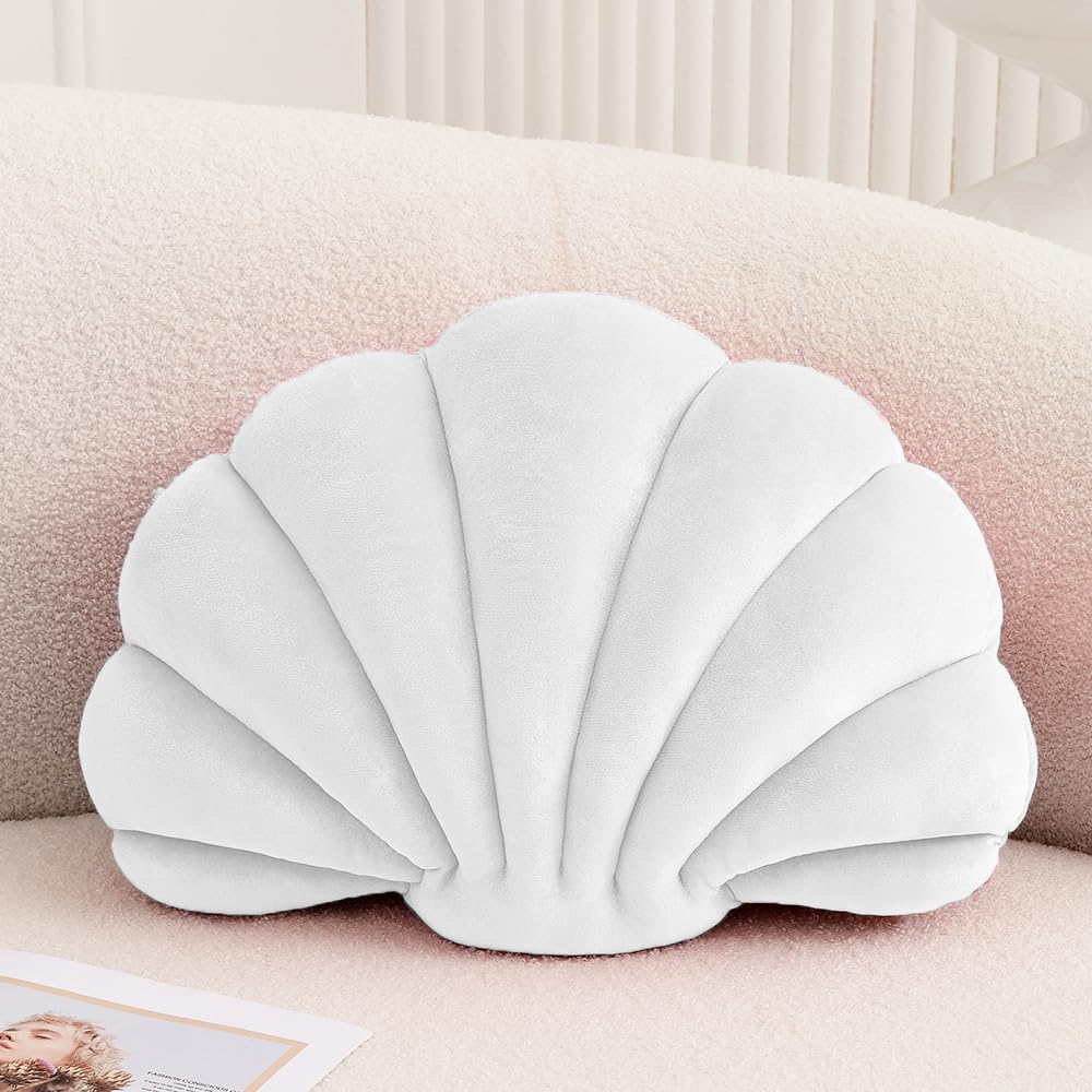 Seashell Decorative Pillow Shell Shaped Throw Pillow 3D Insert Beach Pillow Soft Velvet Pillow Sea Ocean Decoration Couch Bed Pillow Cushions(White,14 X 11 inch)