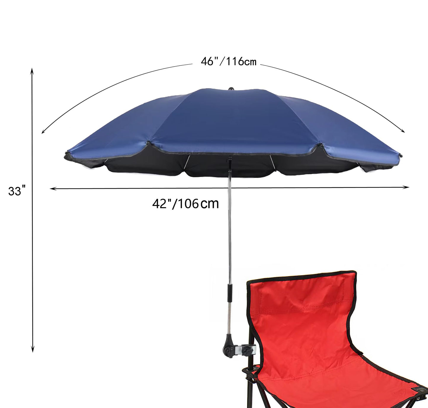 Chair Umbrella with Universal Clamp,46 inches UPF 50+ Clip on Parasol for Patio chair Beach Chairs Wheelchairs Golf Carts (Dark Blue)