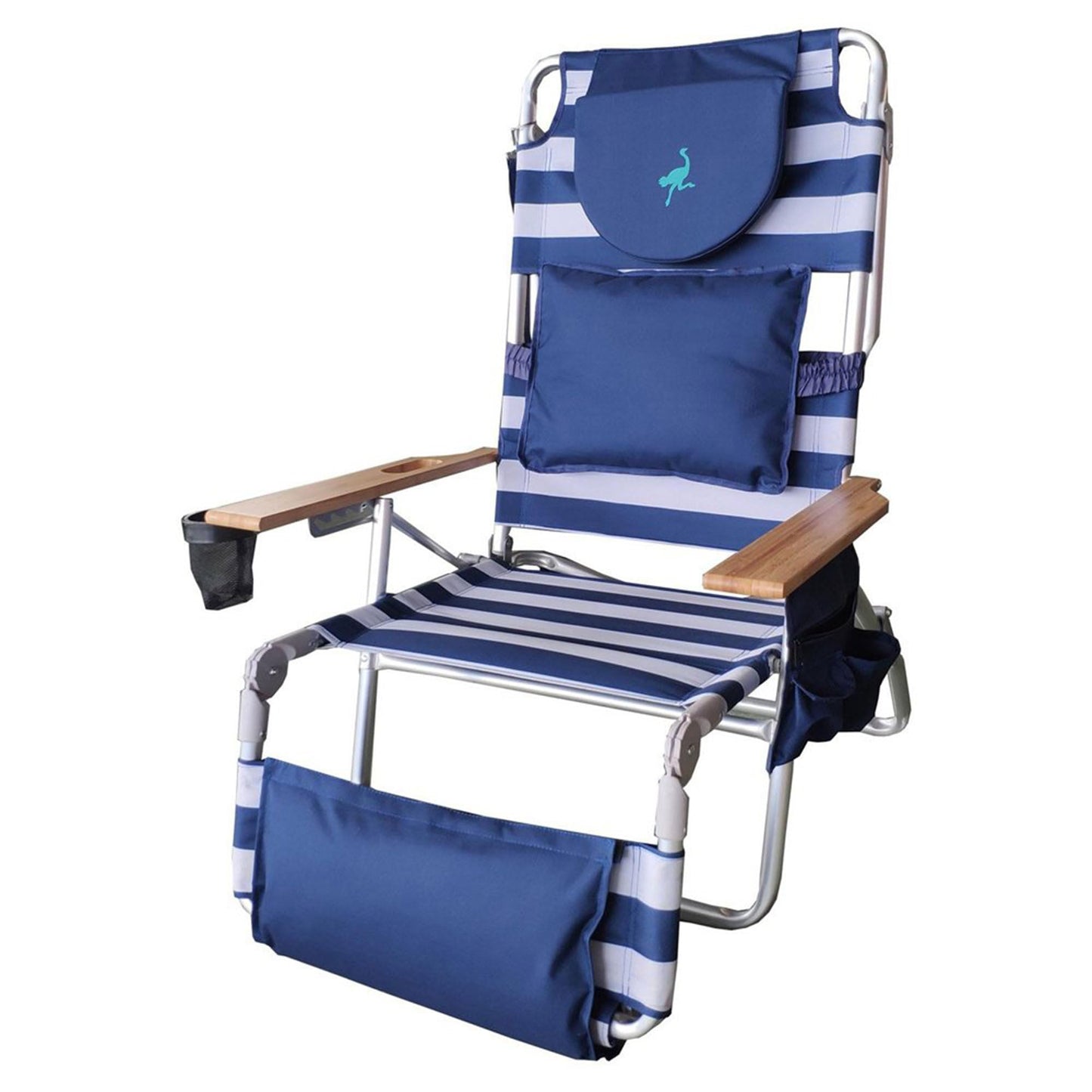 Ostrich Deluxe 3 in 1 Beach Chair with Face Opening - Portable, Reclining Lounger for Tanning - Face Hole for Reading on Stomach - Padded Footrest, Removable Pillow - Aluminum (Green)